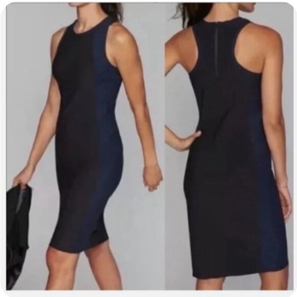 Athleta Dresses & Skirts - Athleta Stellar En Route Scuba Bodycon Navy Blue & Black Dress Fitted Stretch XS